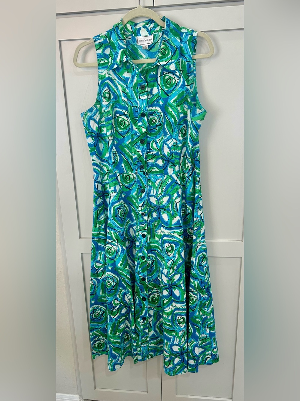 Vintage 1990 karin stevens Sleeveless Midi Dress iBlue and Green Abstract Print
